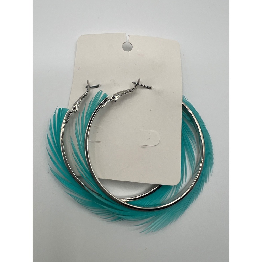 Silver Tone Turquoise Feather Trim Large Hoop Earrings Boho Statement Jewelry